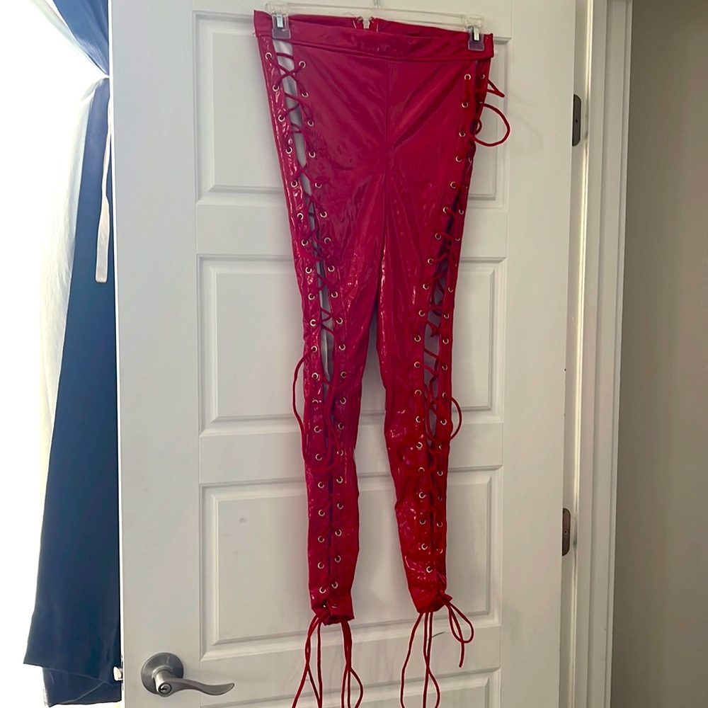 Red Faux Leather Lace Up Pants